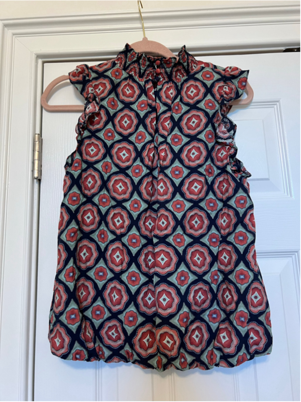 Women's THML Sleeveless High Neck Blouse Size S Blue Red Patterned